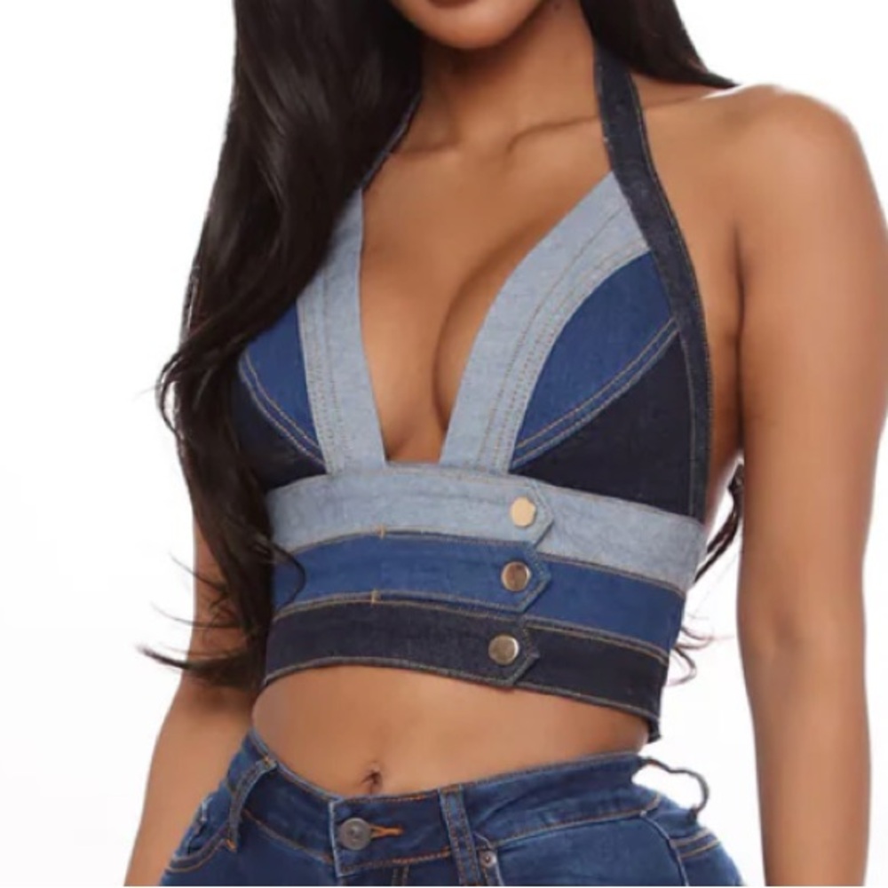 Fashion Nova Denim Colorblock Crop Top
